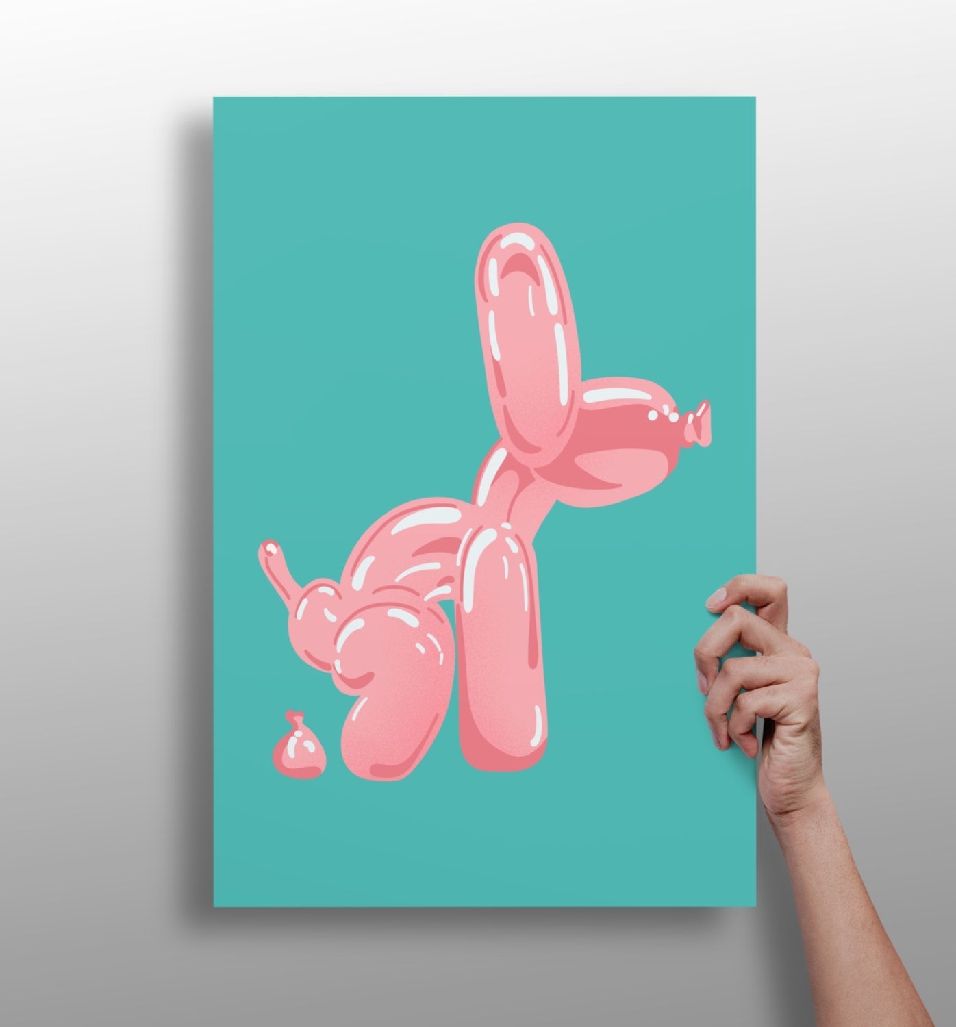 Pink Squatting Pose on Teal Balloon Dog Aluminum Print