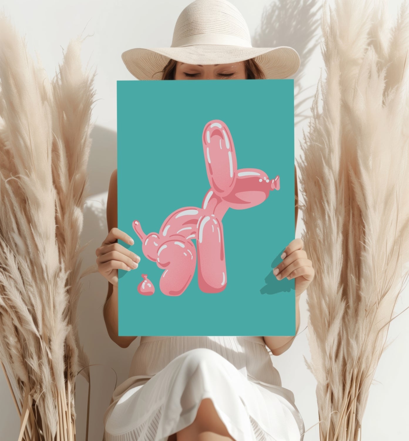 Pink Squatting Pose on Teal Balloon Dog Aluminum Print