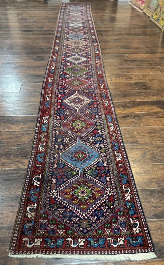 Persian Tribal Runner Rug 2.6 x 20 ft, Antique Persian Shiraz Carpet for Hallway, Colorful Navy Blue