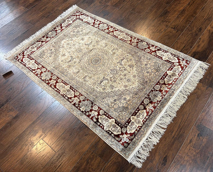 Silk Indian Kashmiri Rug 4x6 ft, Floral Medallion Hand Knotted Handmade Oriental Carpet, Vintage, Cream Burgundy, Very Fine Silk Rug 4 x 6