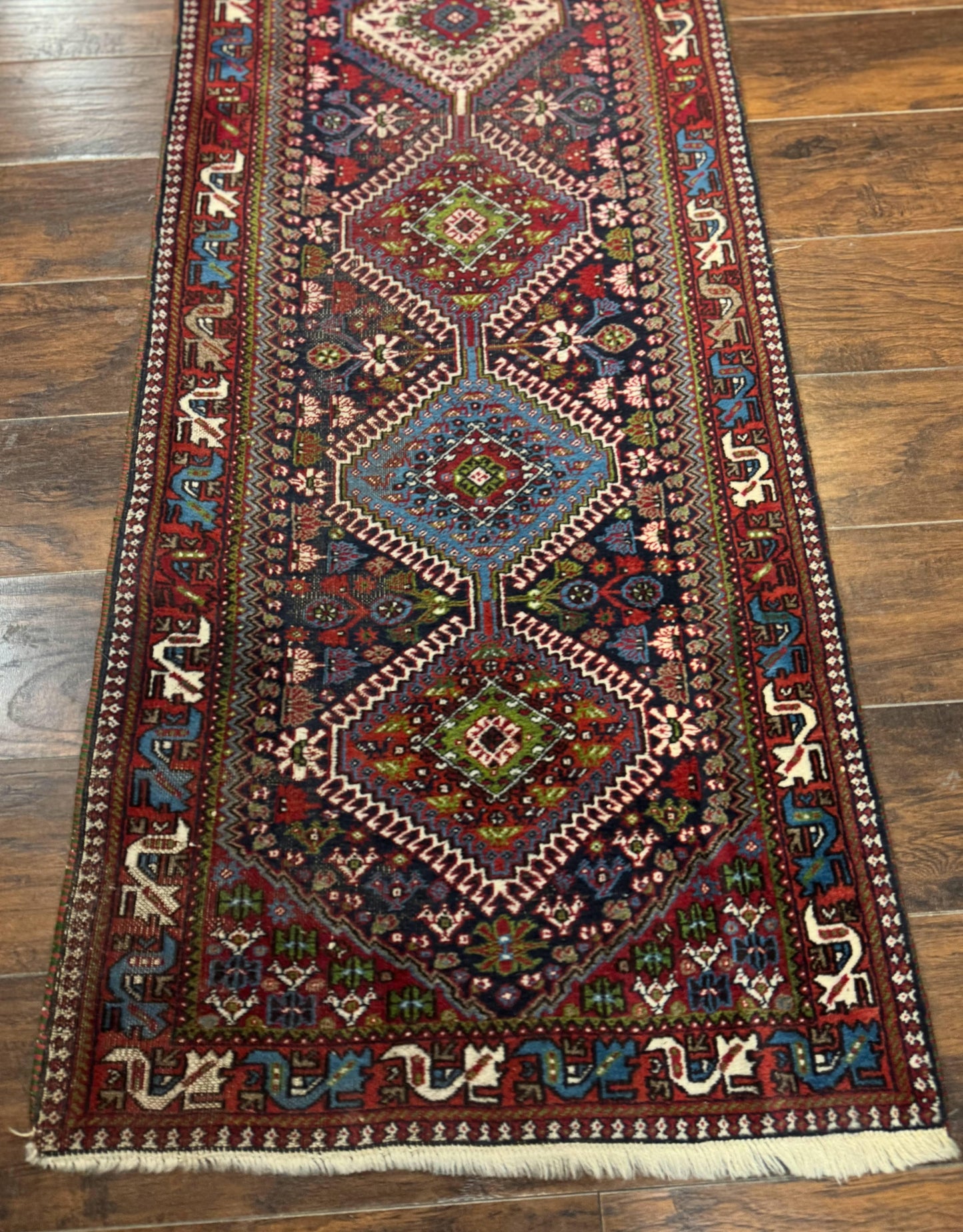 Persian Tribal Runner Rug 2.6 x 20 ft, Antique Persian Shiraz Carpet for Hallway, Colorful Navy Blue
