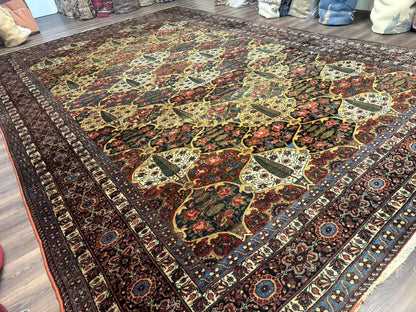 Antique Persian Bakhtiari Rug 12x19, Palace Size Wool Handmade Persian Carpet, Oversized Rug, Panel Design, Peacocks, Multicolor, Rare