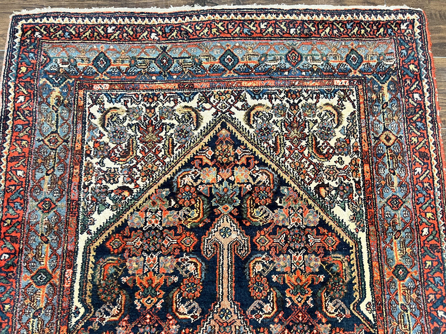 Antique Persian Runner Rug 3.7 x 15.8, Navy Blue Multicolor, Hand Knotted Handmade Wool Rug for Hallway, Geometric Medallions, Persian Hamadan Rug