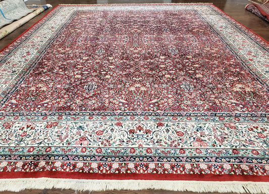 Oversized Pak Persian Rug 11x15, Large Wool Palace Carpet, Red and Ivory, Millefleur Allover Floral Pattern, Vintage Handmade Oriental Rug