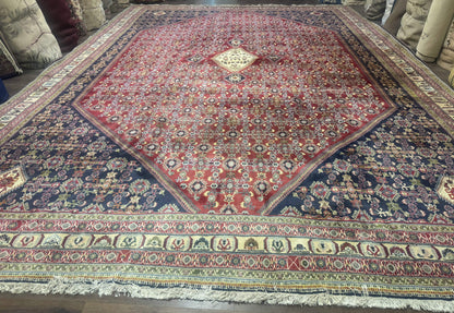Palace Size Persian Shiraz Rug 13x19, Tribal Rug, Herati Pattern, Brick Red Navy Blue Beige, Oversized Persian Wool Area Rug, Extra Large