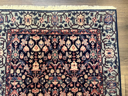 Indo Persian Runner Rug 2.8 x 12, Navy Blue, Floral, Fine 270 KPSI