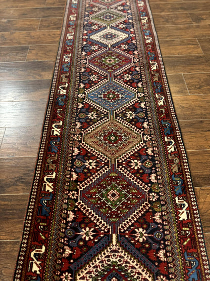 Persian Tribal Runner Rug 2.6 x 20 ft, Antique Persian Shiraz Carpet for Hallway, Colorful Navy Blue