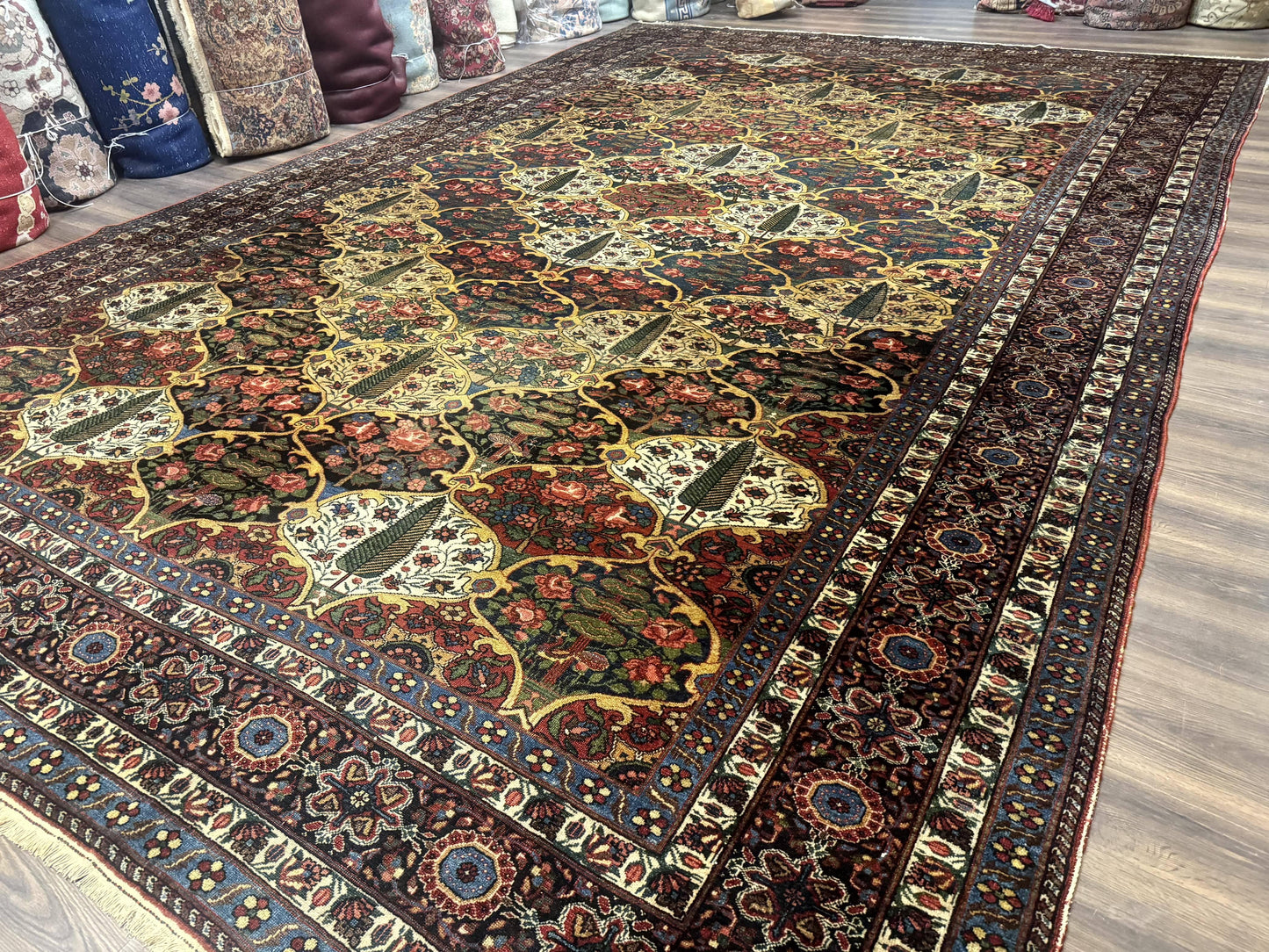 Antique Persian Bakhtiari Rug 12x19, Palace Size Wool Handmade Persian Carpet, Oversized Rug, Panel Design, Peacocks, Multicolor, Rare