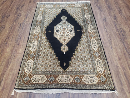 Persian Silk Qum Rug, Silk on Silk, Black Golden Brown and Beige, Hand-Knotted, 3'6" x 5' 5"