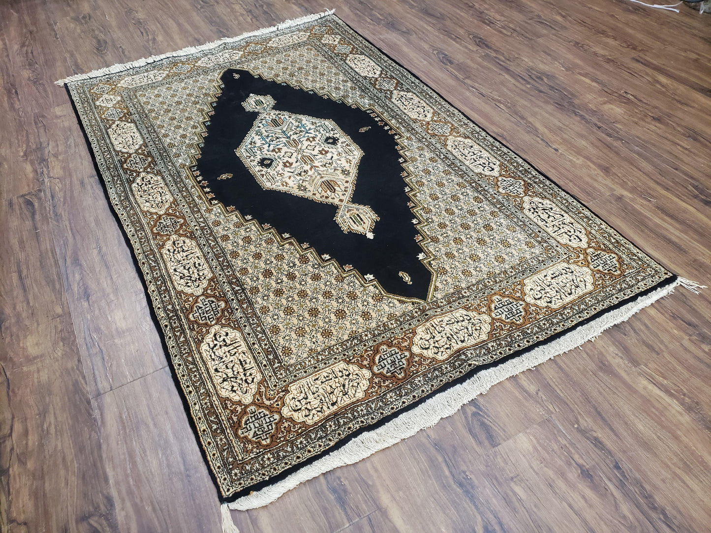 Persian Silk Qum Rug, Silk on Silk, Black Golden Brown and Beige, Hand-Knotted, 3'6" x 5' 5"
