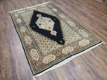 Persian Silk Qum Rug, Silk on Silk, Black Golden Brown and Beige, Hand-Knotted, 3'6" x 5' 5"