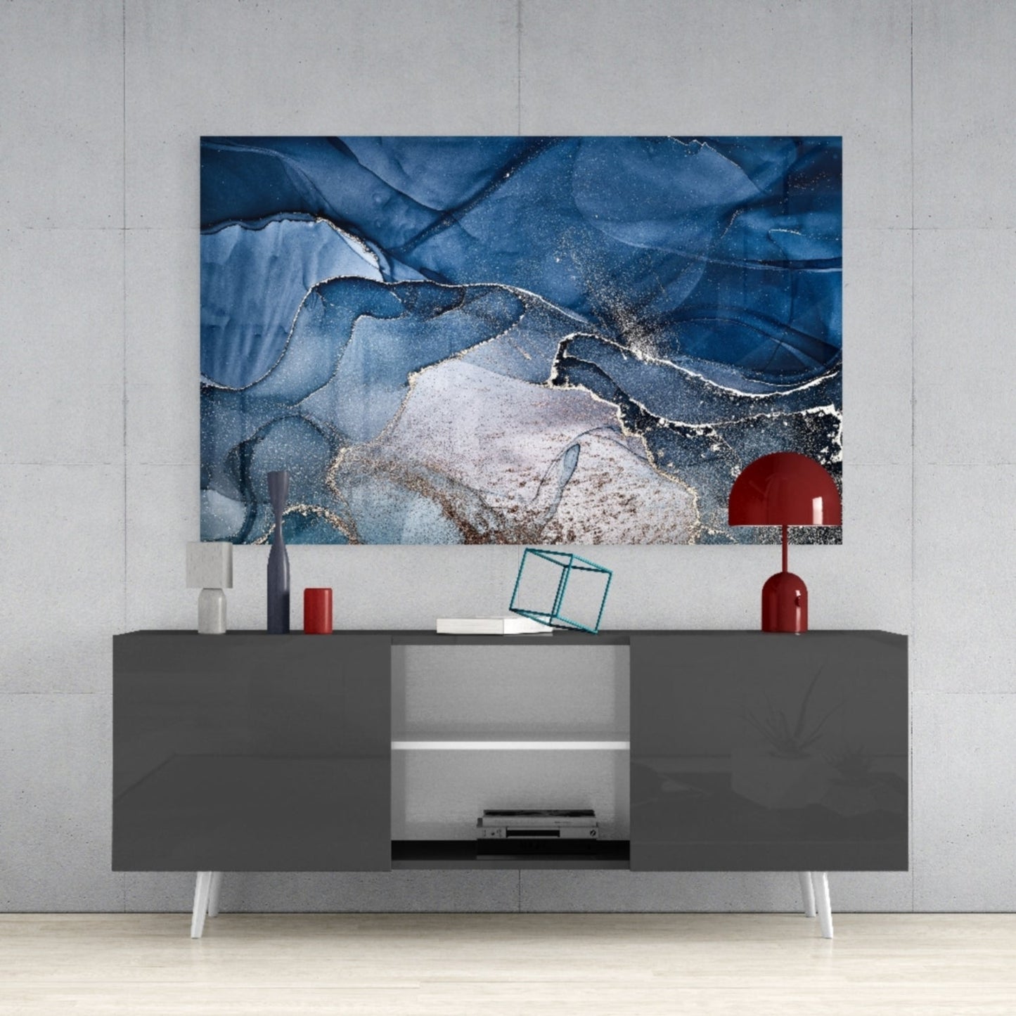 Art mural en verre avec encre or bleu acier