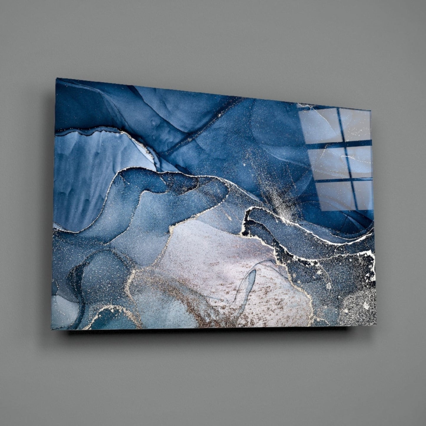 Art mural en verre avec encre or bleu acier