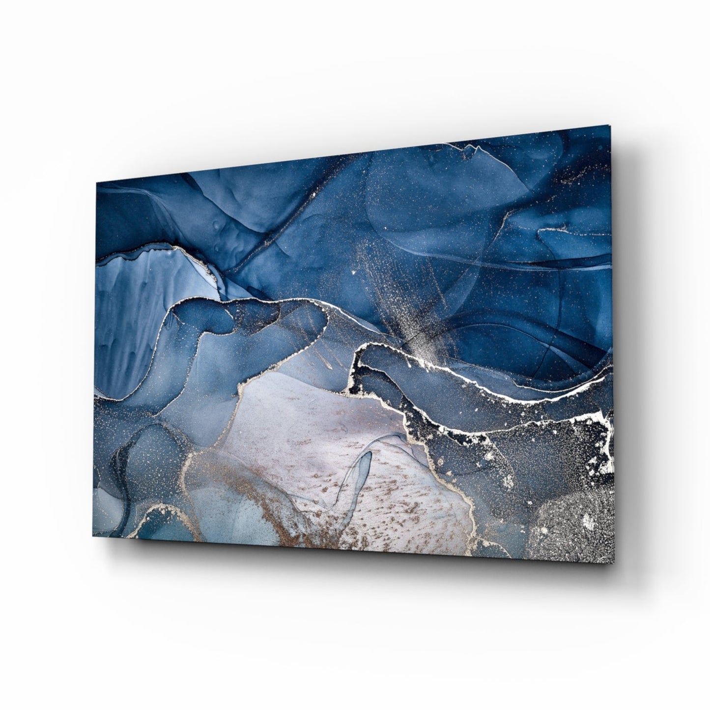 Art mural en verre avec encre or bleu acier