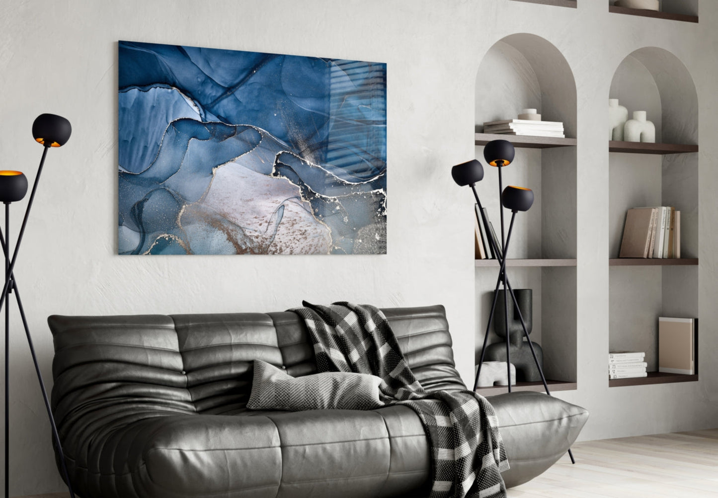 Art mural en verre avec encre or bleu acier