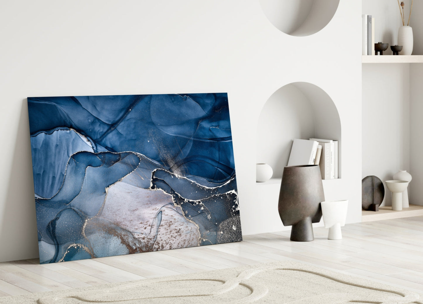Art mural en verre avec encre or bleu acier