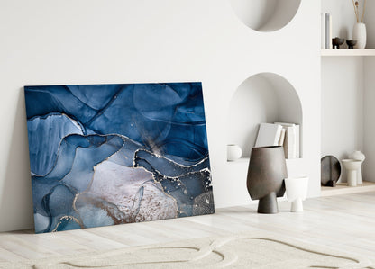 Art mural en verre avec encre or bleu acier