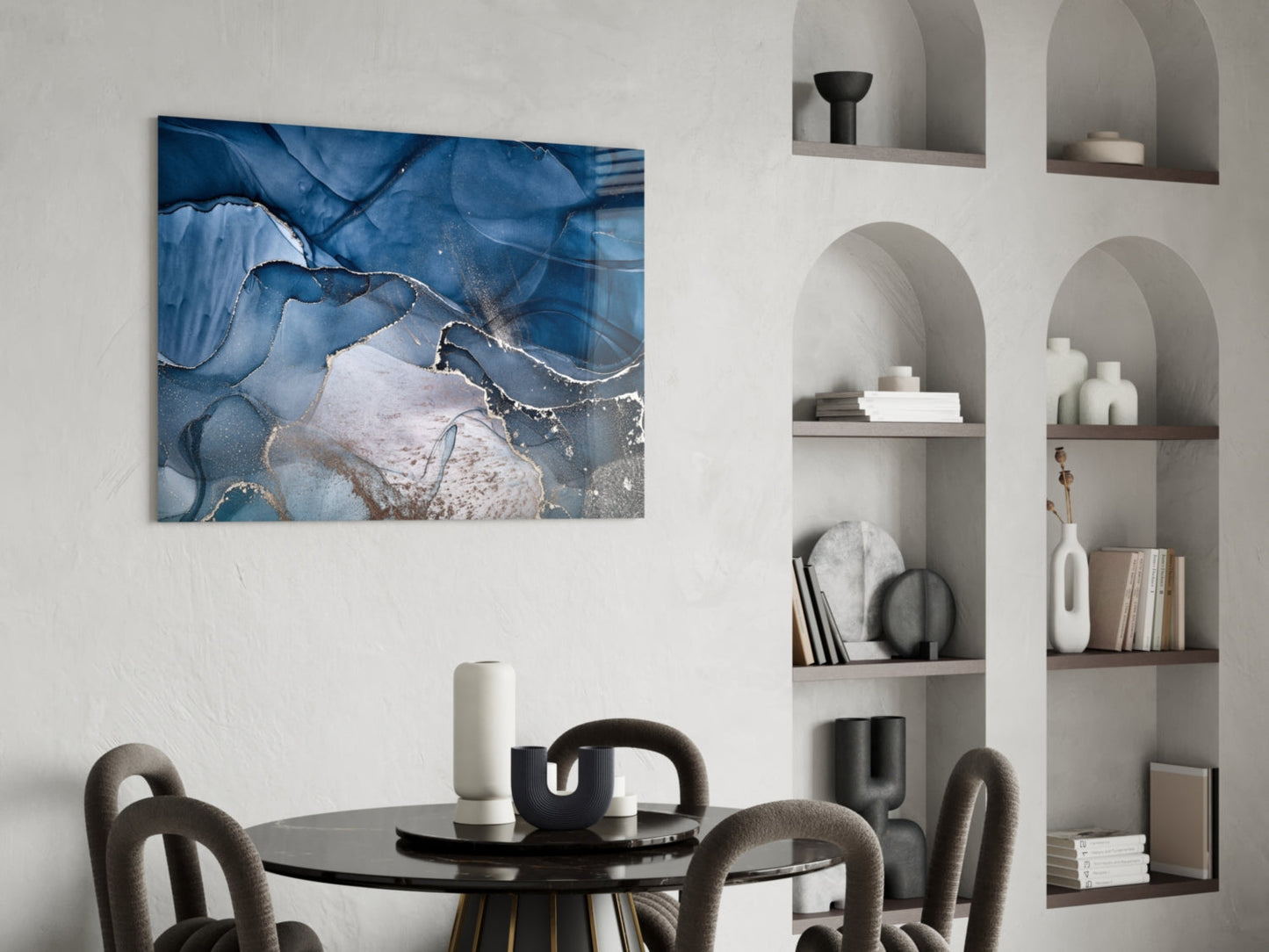 Art mural en verre avec encre or bleu acier
