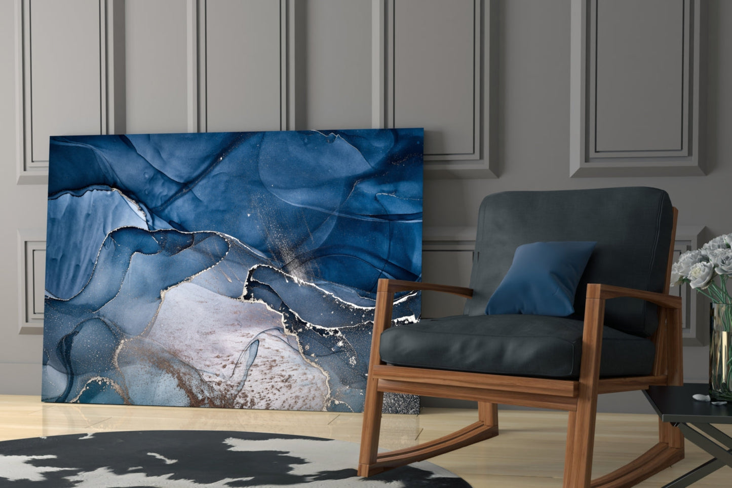 Art mural en verre avec encre or bleu acier
