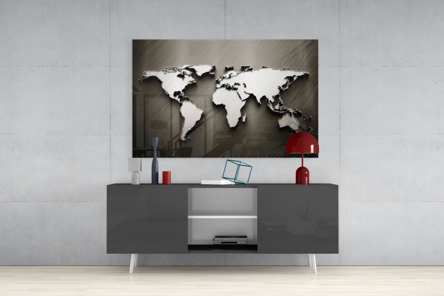 Arte de pared de vidrio con mapa mundial en relieve cromado