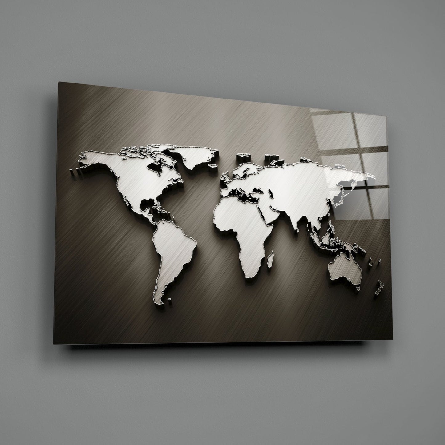 Arte de pared de vidrio con mapa mundial en relieve cromado