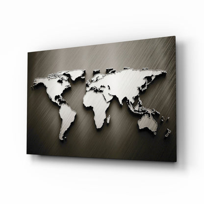 Arte de pared de vidrio con mapa mundial en relieve cromado