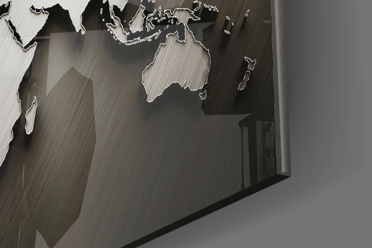 Arte de pared de vidrio con mapa mundial en relieve cromado