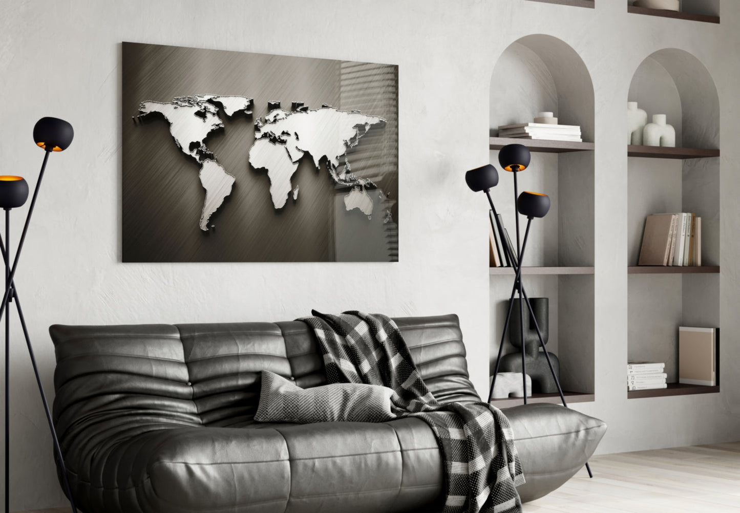 Arte de pared de vidrio con mapa mundial en relieve cromado