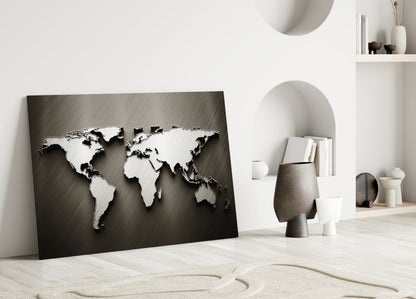 Arte de pared de vidrio con mapa mundial en relieve cromado