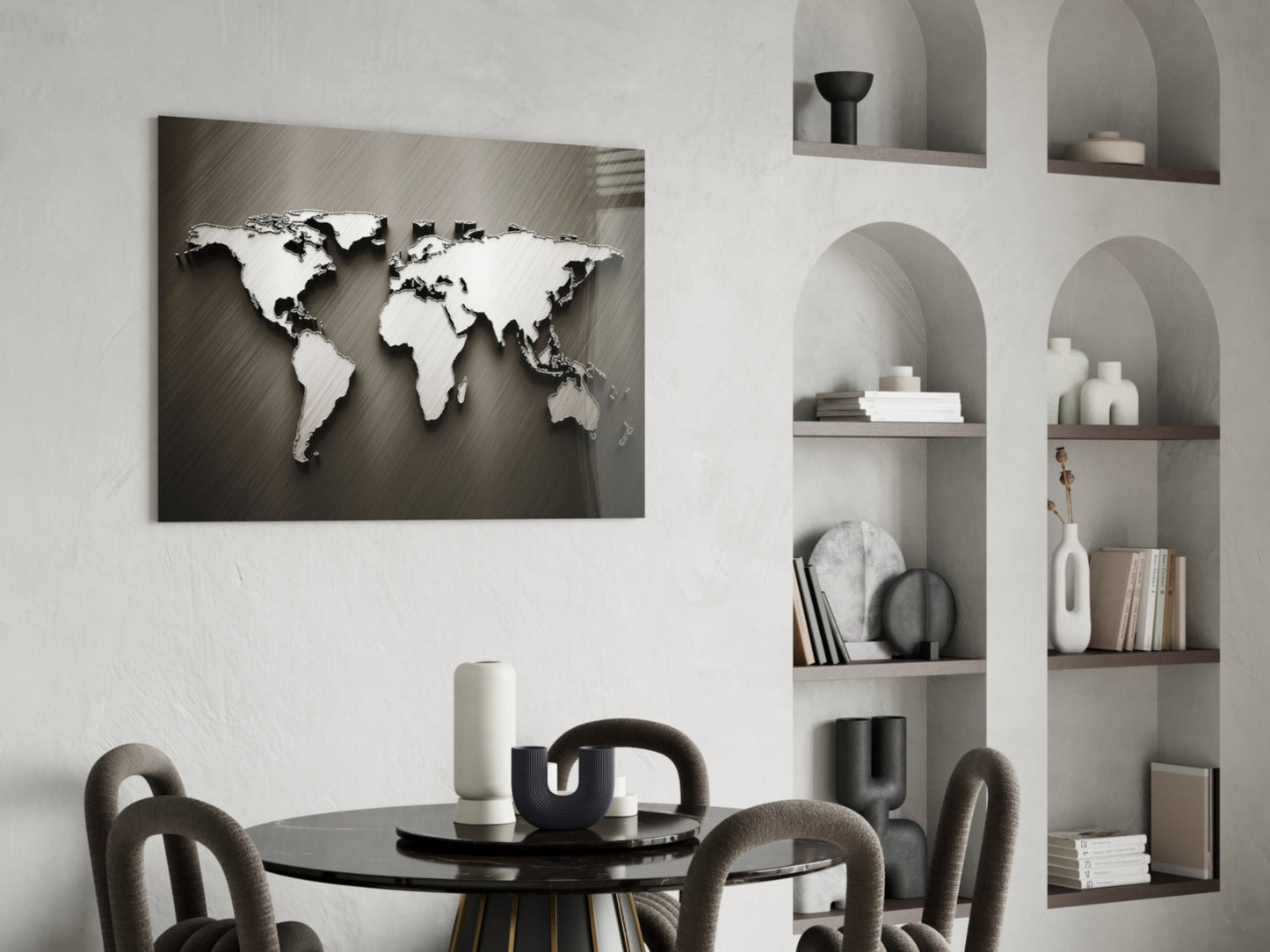 Arte de pared de vidrio con mapa mundial en relieve cromado