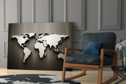 Arte de pared de vidrio con mapa mundial en relieve cromado