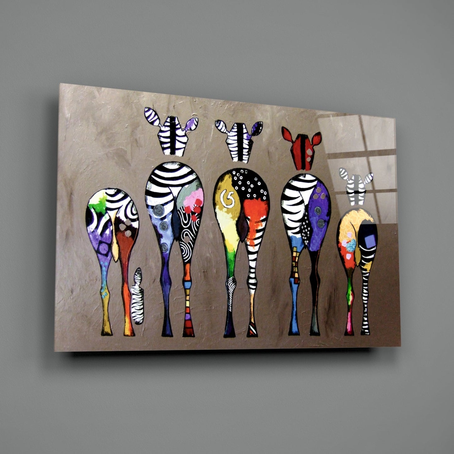 Arte de pared de vidrio con cebras coloridas