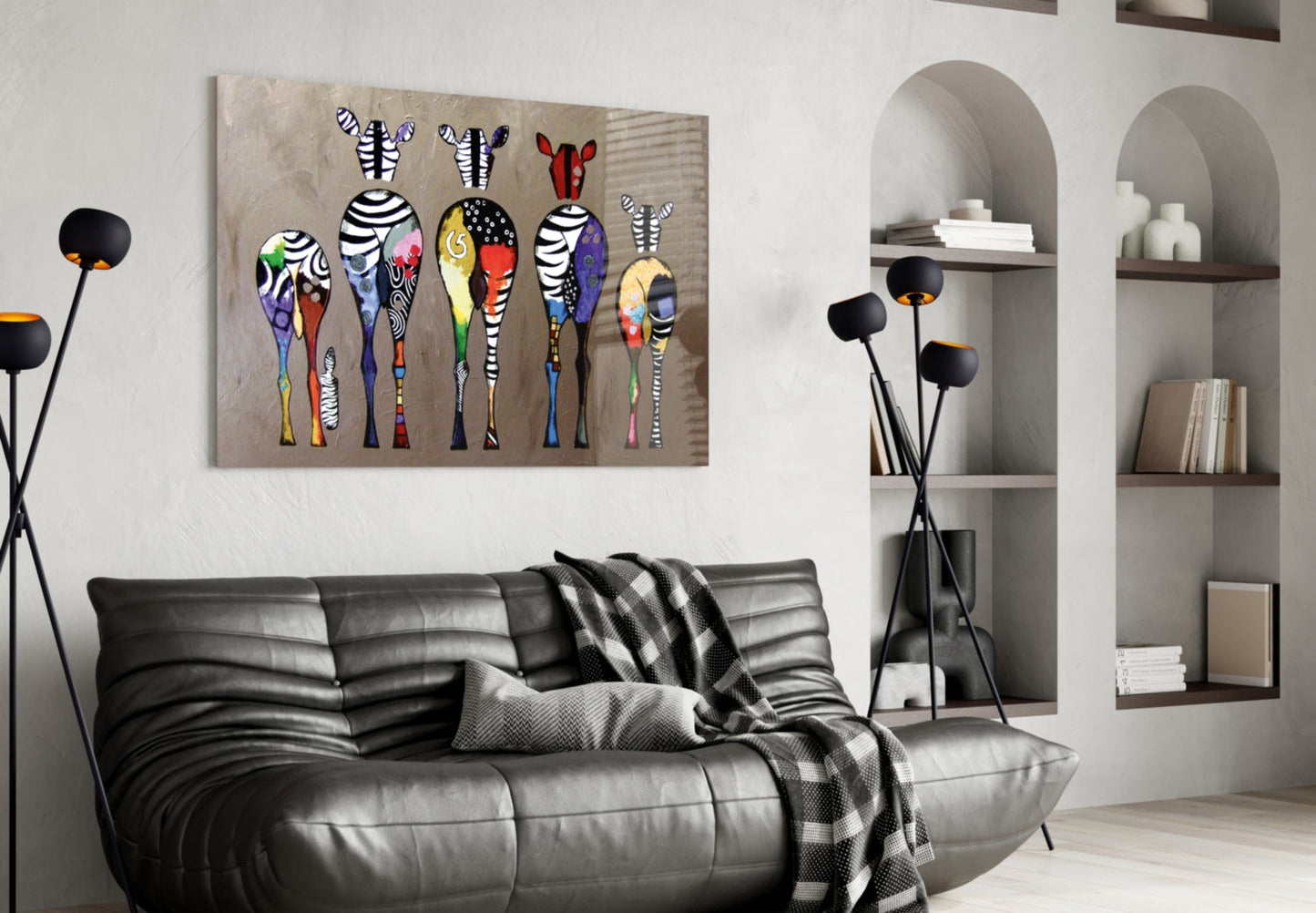 Arte de pared de vidrio con cebras coloridas