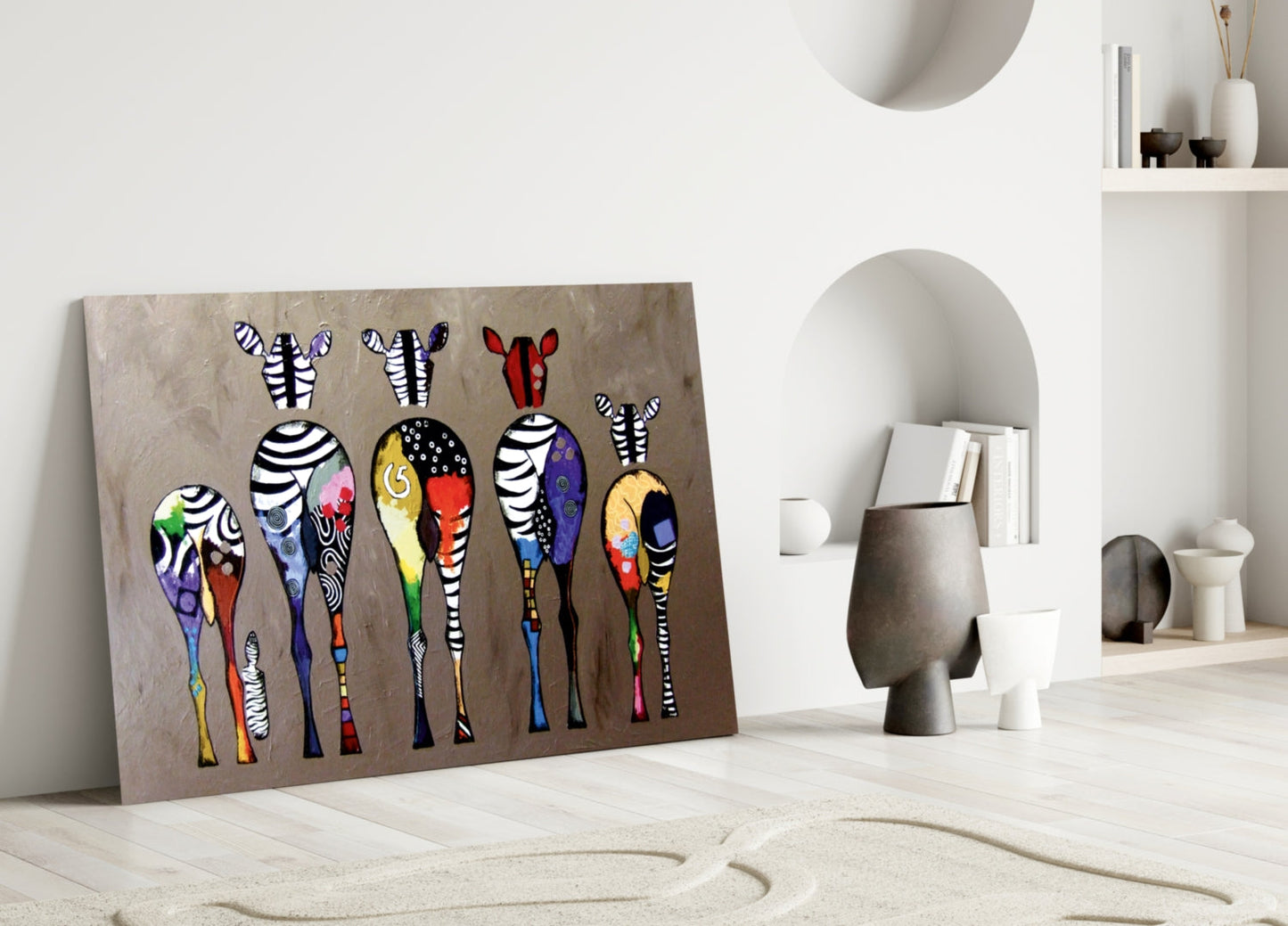 Arte de pared de vidrio con cebras coloridas