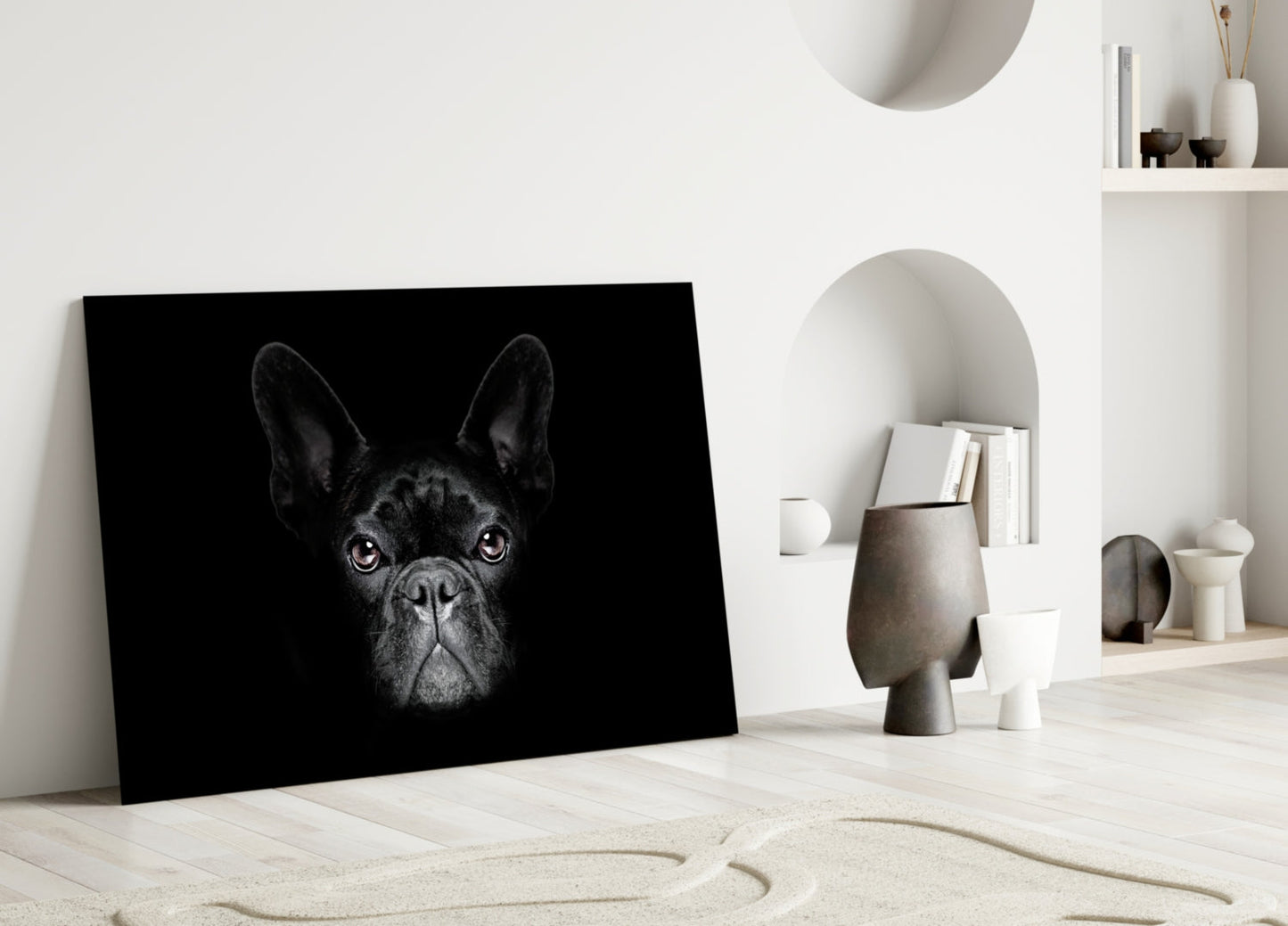 Mustan ranskanbulldogin muotokuva – lasiseinätaide