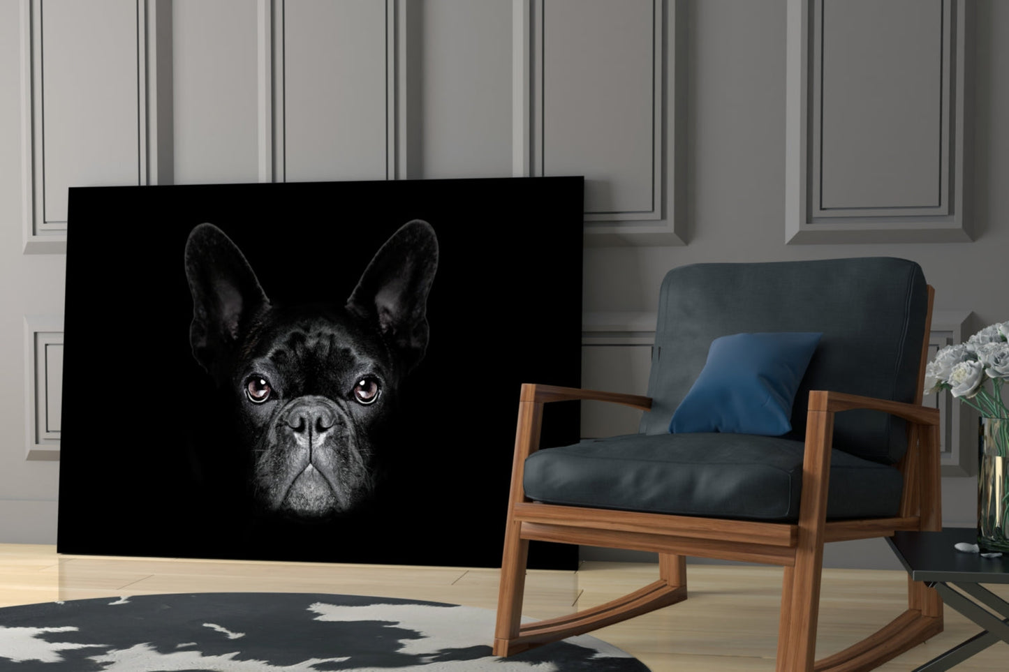 Mustan ranskanbulldogin muotokuva – lasiseinätaide