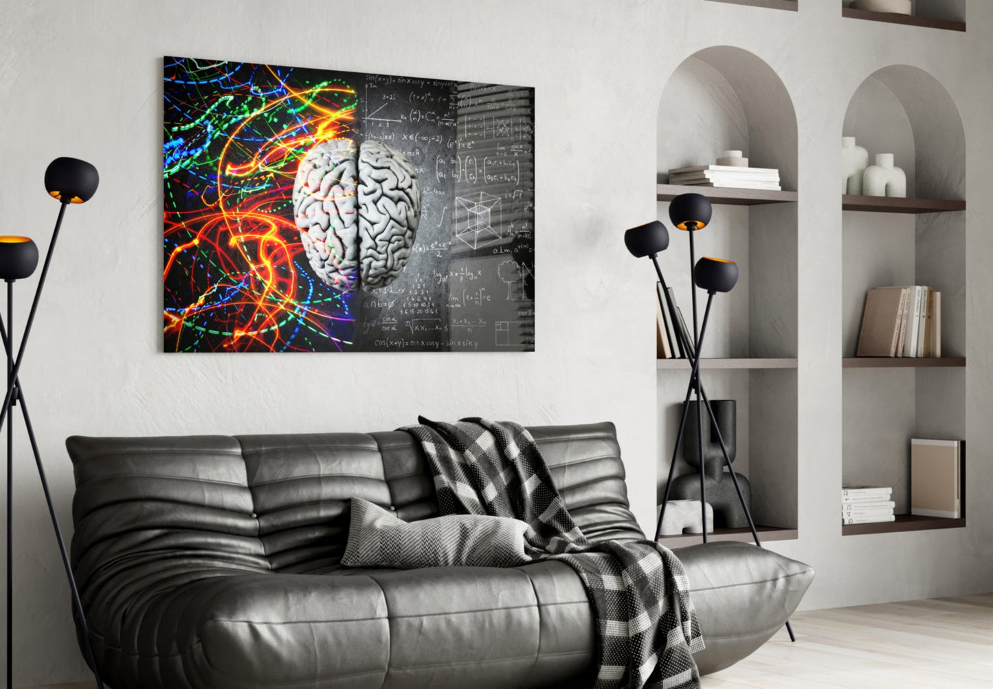 Arte de pared de vidrio cerebral con vetas de color y fórmula de tiza