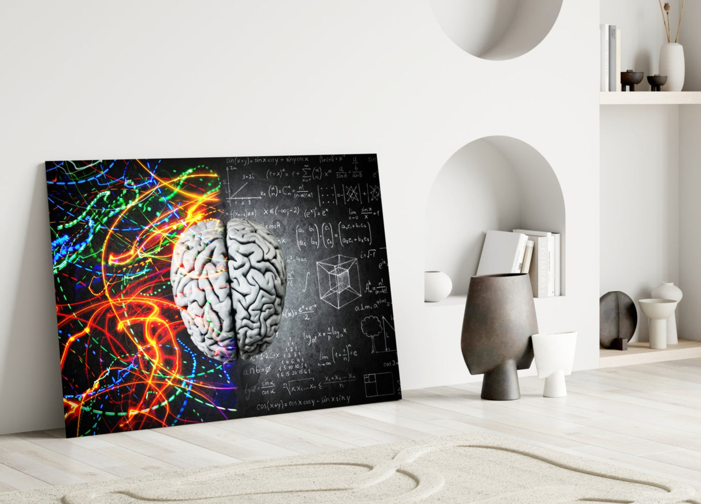 Arte de pared de vidrio cerebral con vetas de color y fórmula de tiza