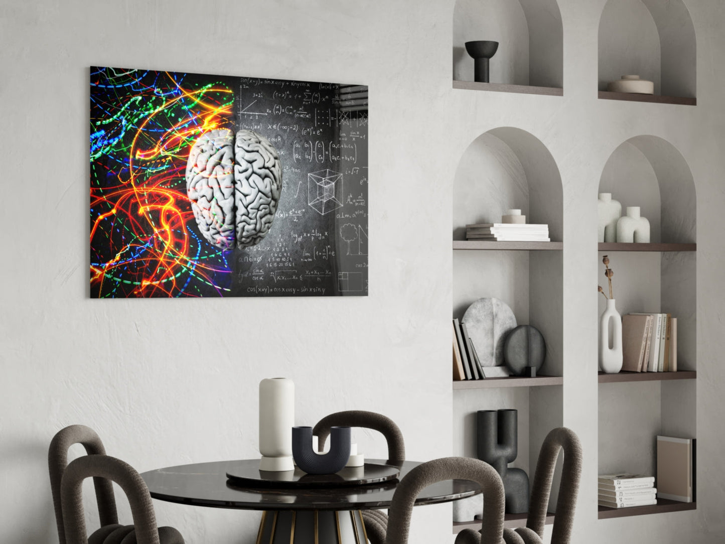 Arte de pared de vidrio cerebral con vetas de color y fórmula de tiza