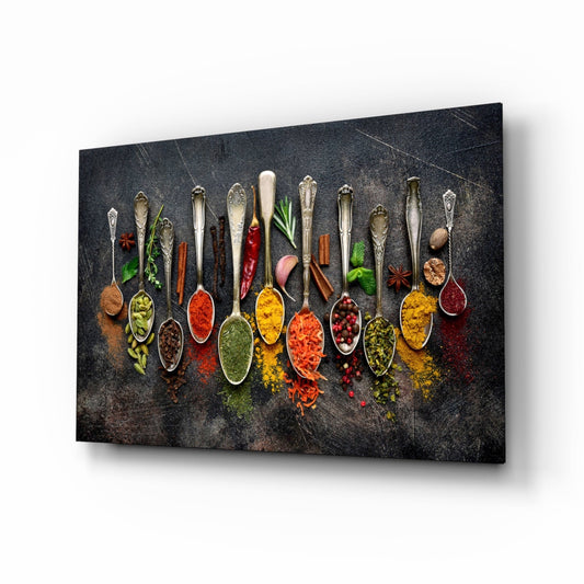 Cucharas de Plata Fila de Especias Coloridas Arte de Pared de Vidrio