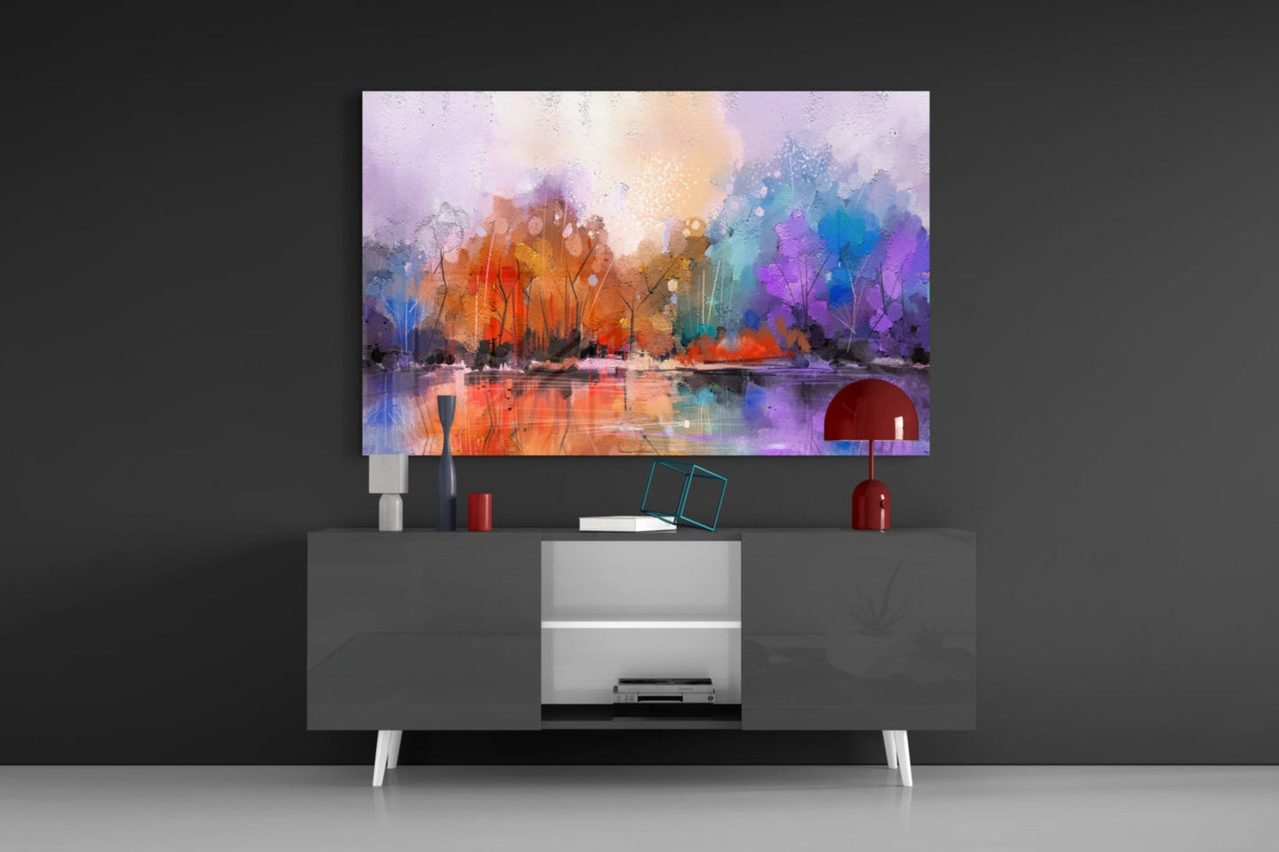 Arte de pared de vidrio con lago en bosque otoñal colorido