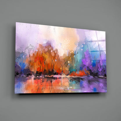 Arte de pared de vidrio con lago en bosque otoñal colorido