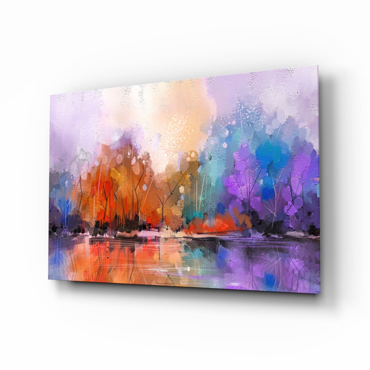 Arte de pared de vidrio con lago en bosque otoñal colorido
