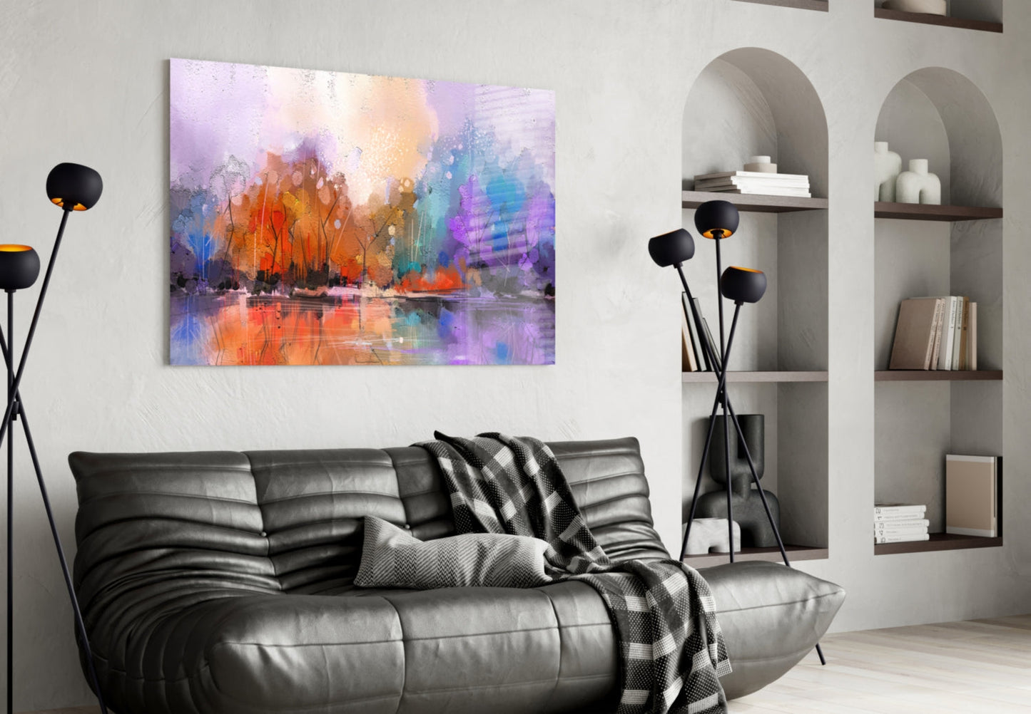 Arte de pared de vidrio con lago en bosque otoñal colorido