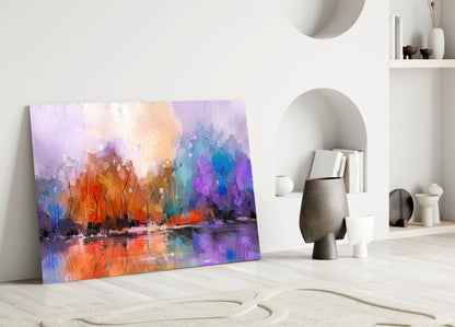 Arte de pared de vidrio con lago en bosque otoñal colorido