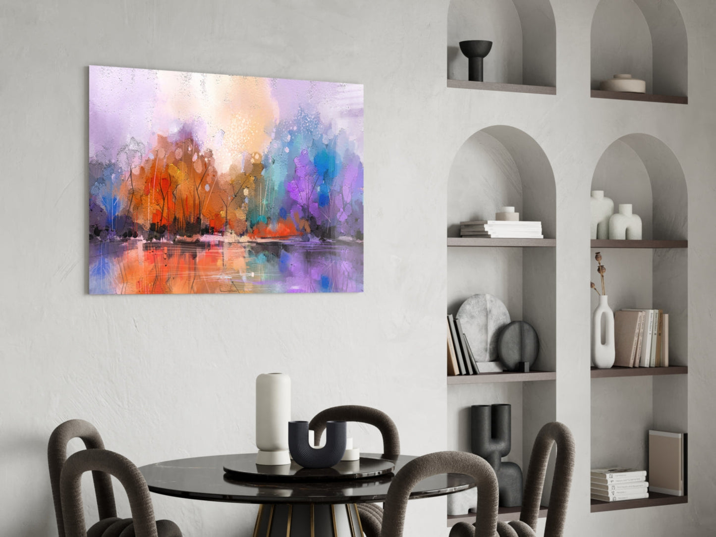 Arte de pared de vidrio con lago en bosque otoñal colorido