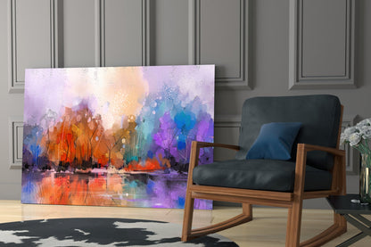 Arte de pared de vidrio con lago en bosque otoñal colorido