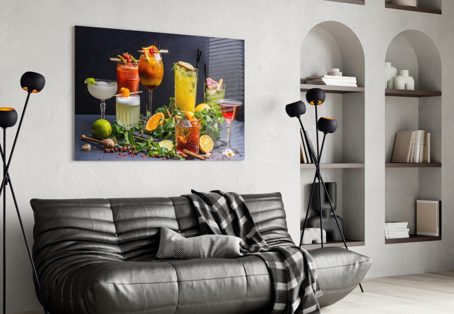 Arte de pared con vaso de cóctel y barra de untar de cítricos y hierbas
