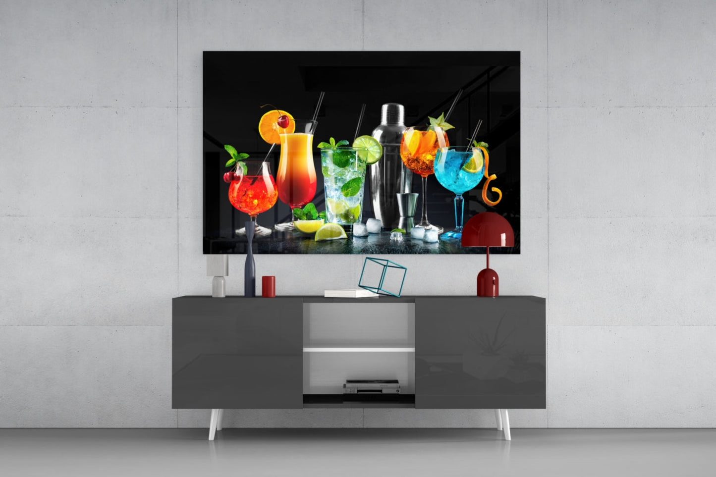 Neonblaue Shaker-Cocktails Glaswandkunst
