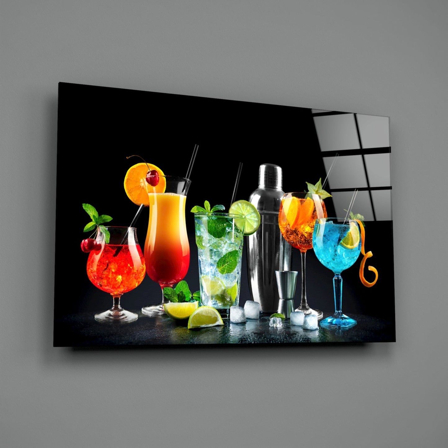 Neonblaue Shaker-Cocktails Glaswandkunst